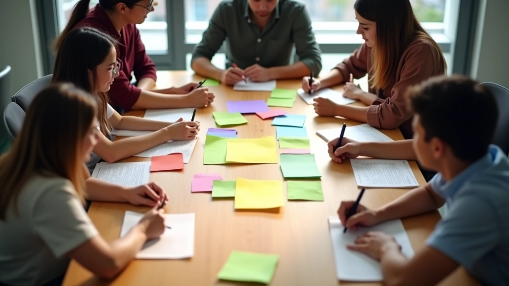 Team members writing on sticky notes at wooden table during creative workshop session