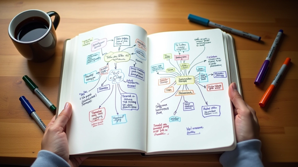 Open notebook with handwritten mind map and creative sketches on desk next to coffee and markers